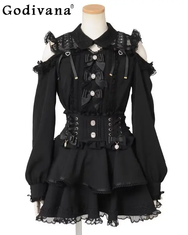 

New Japanese Liz Large Size Mass Production Long Sleeve Shirt Girls Woman's Sweet Cute Lolita Lace Bowknot Off-shoulder Tops
