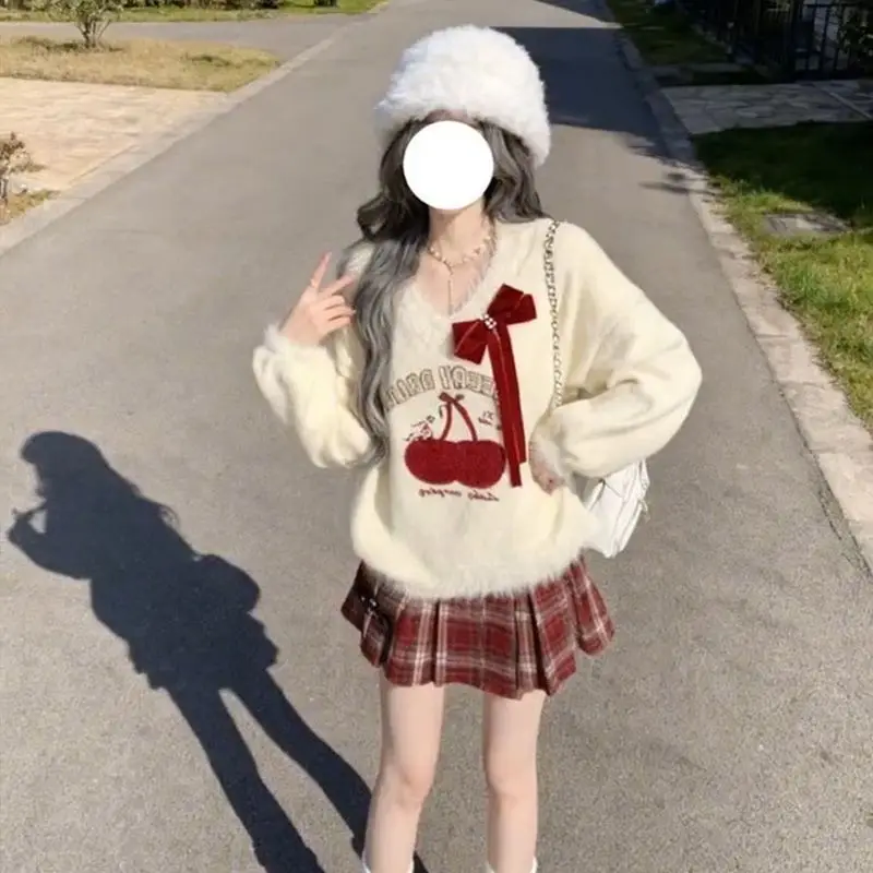 

Japan Sweet And Cute Girly Cherry Raw Edge V-Neck Sweater With Plaid Pleated Skirt Two-Piece Suit In Winter