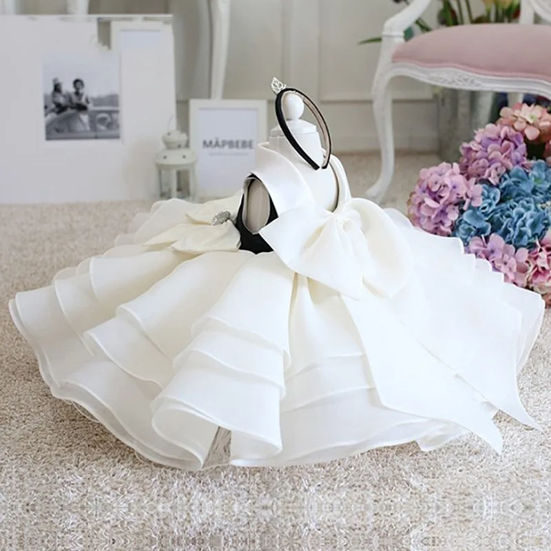 Vestido de Organza escalonado para niña, vestido blanco y negro de flores para fiesta de boda, vestido de princesa de primer cumpleaños para niñas de 1 a 14 años