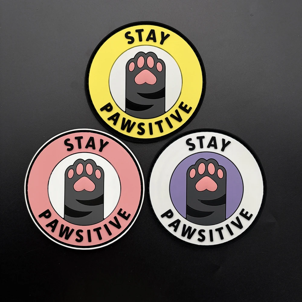 Stay Positive Cat Paw Three-Color Theme 2D Flat Pvc 1 Piece with Luminous Effect, Includes a Soft Surface, Waterproof, Sun-Resistant, Long-Lasting Glow, Student School Bag Outdoor Backpack Soft Rubber Decorative Patch