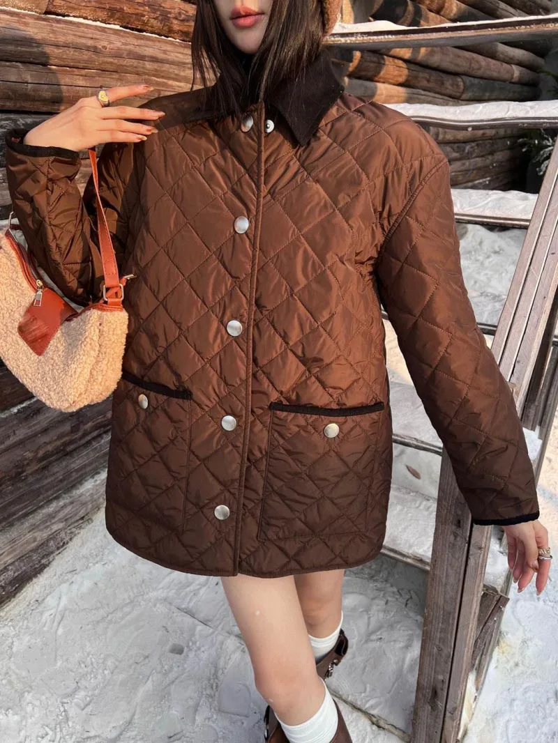 2024 Autumn/Winter New Women's Cotton Jacket Warm Long Coat Women's Flip Collar Diamond Seam Pocket Casual Loose Jacket