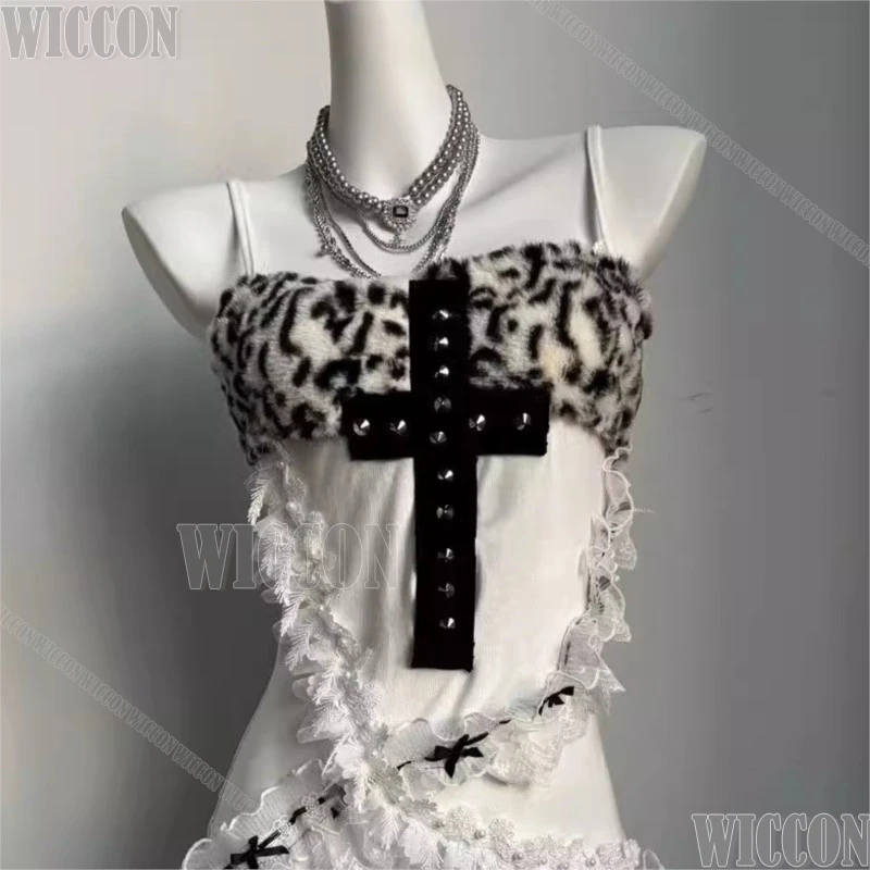 

Jirai Kei, белое платье с леопардовым принтом для девочек, кружевное платье с лямкой на шее для косплея, хип-платье Y2K Spicy Girls, Хэллоуин Navidad Carnaval