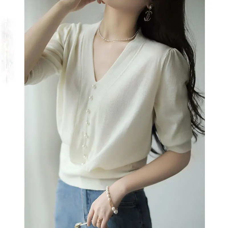 Women Summer Korean Fashion Simplicity Solid Color V-neck Half Sleeve Knitwear Women Clothes Temperament All-match Casual Tops