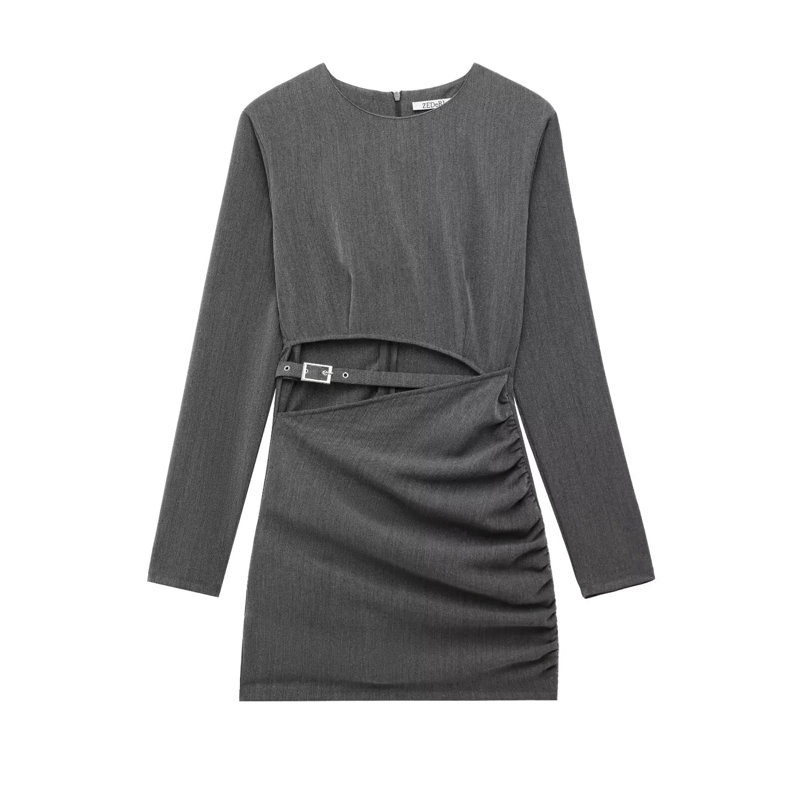 

HH Women Chic Crop Belt Wrinkles Decorate Solid Short Dress Woman Spring Fashion V-Neck Zipper Long Sleeves Party Mini Dress