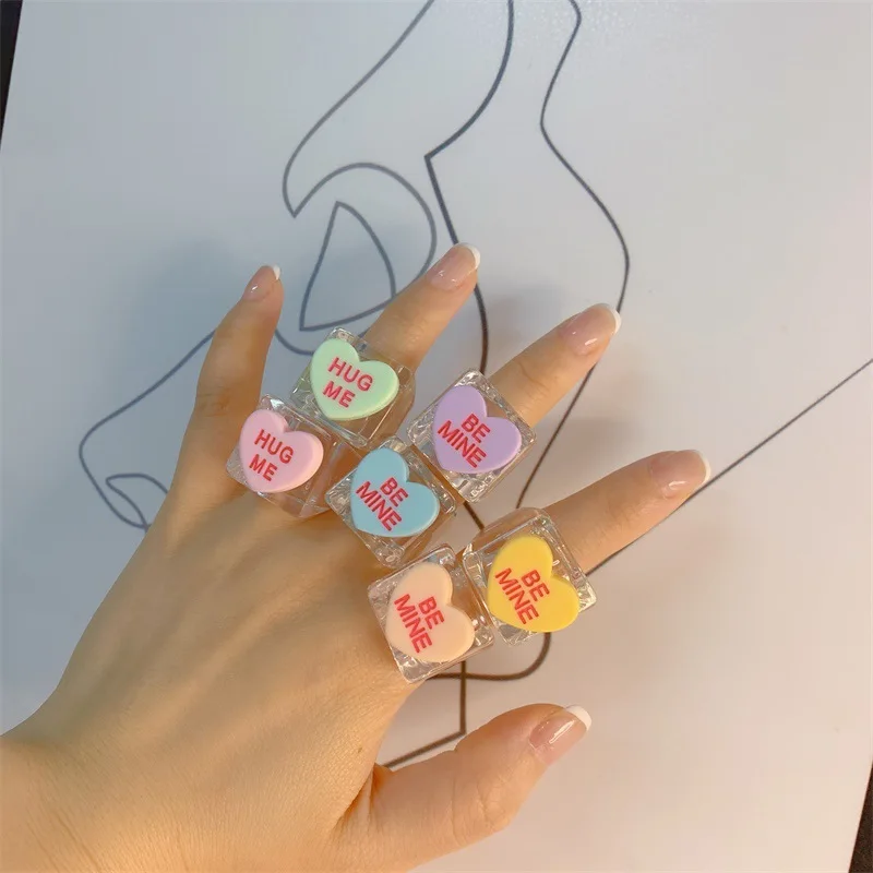 Vintage Hug Me Be Mine Letter Y2K Rings for Women Colorful Shiny Heart Acrylic Rings 90s Jewelry Aesthetic Christmas Gifts 2022