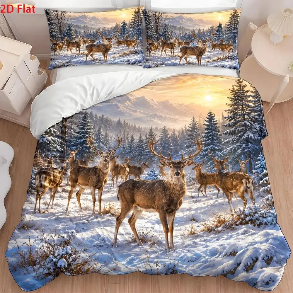3Pc_Nordic Style Elk and Snow Scene Printed Quilt Cover Set, Three-Piece Bed Set (1 Quilt Cover + 2 Pillowcases), Double Bed Bedding Suitable for All Seasons, Quilted Quilt Cover Is Skin-Friendly, Breathable, Easy to Clean and Durable, Invisible Zipper, Machine Washable, Wrinkle-Resistant, Modern and Simple