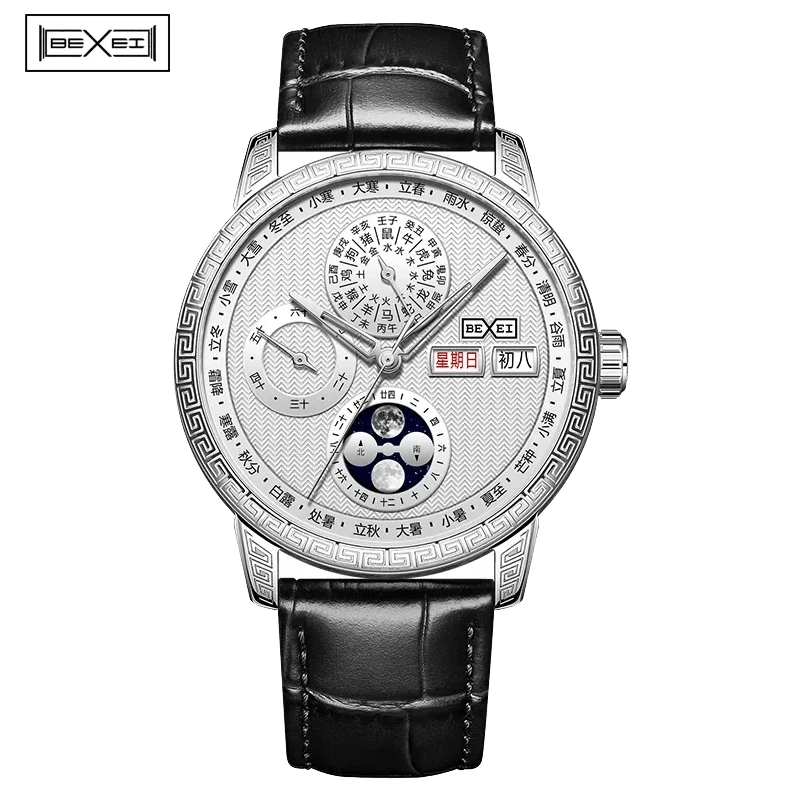 

Bexei Automatic Movement Man Watch 9205 Business Weekly Date Moon Phase Display Watches Self Wind Mechanical Men's Watch