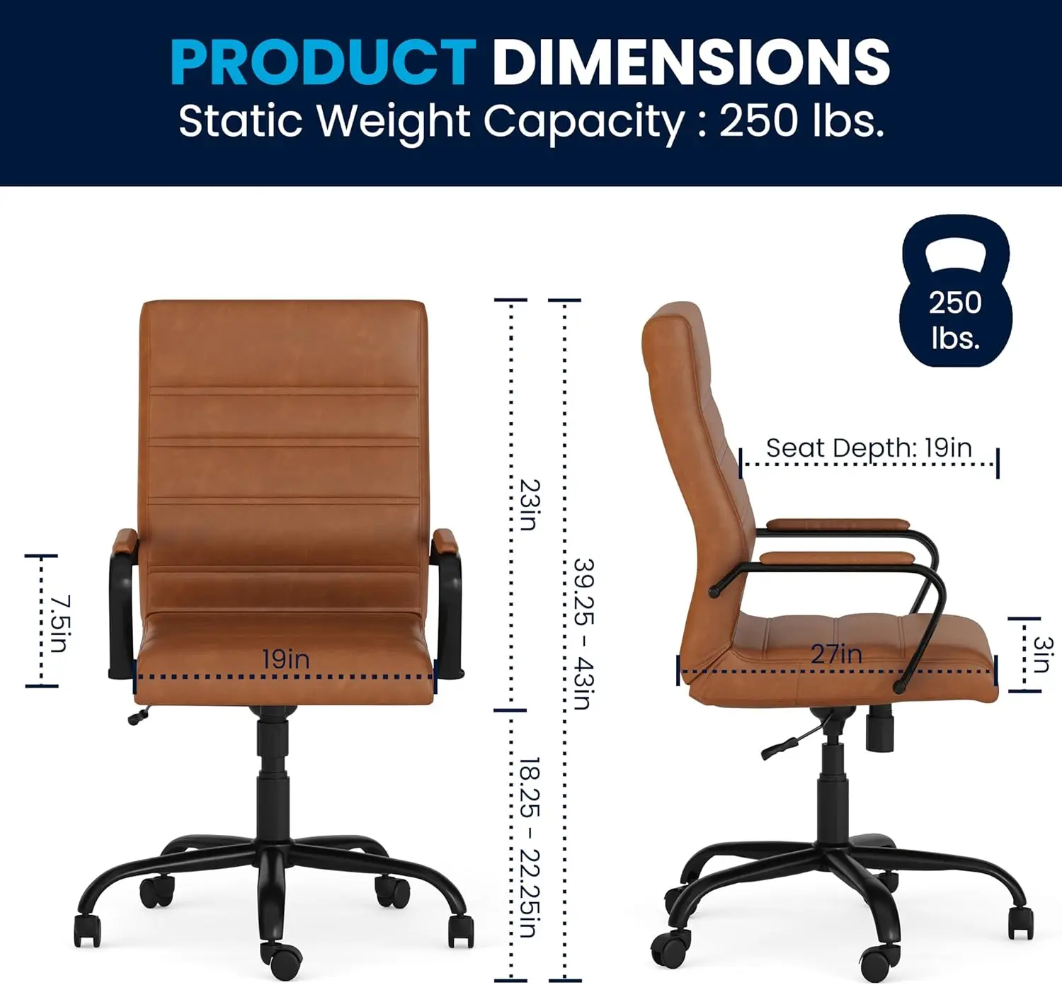 

Flash Furniture Whitney Поворотный кожаный мягкий настольный стул с высокой спинкой, мягким сиденьем и подлокотниками, регулируемая высота с мягкой подкладкой