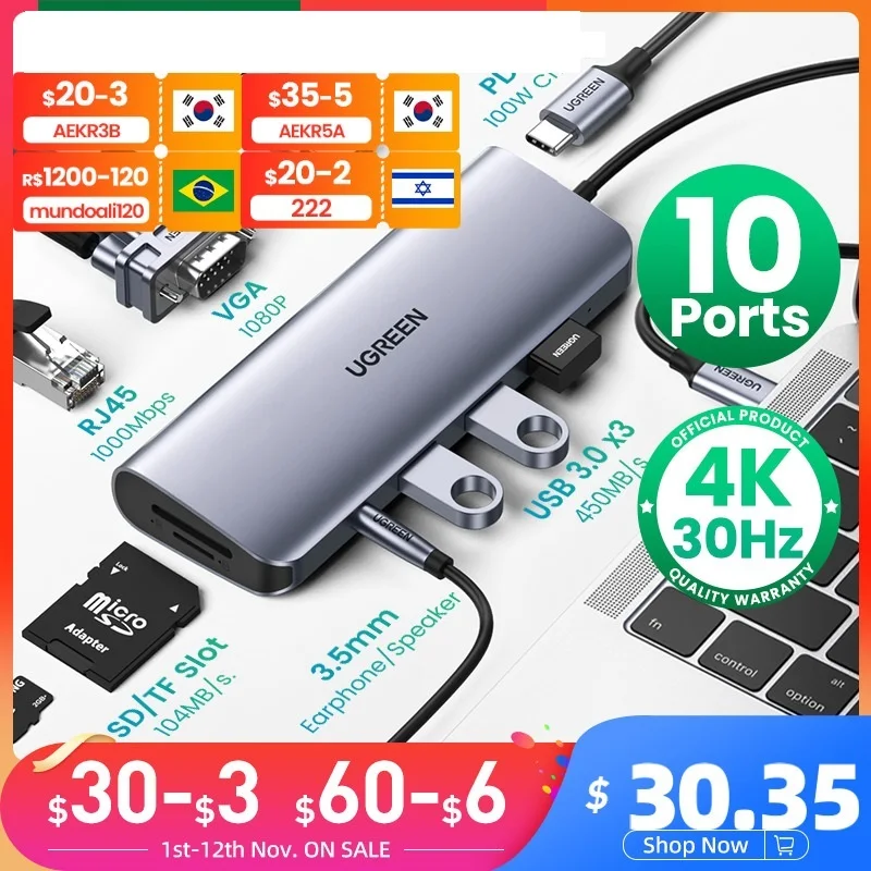 New!!! USB C HUB 10 in 1 USB Type C to HDMI 4K USB 3.0 VGA PD 3.5mm Full Function HUB for MacBook/Pro/Air iPad Pro USB C HUB