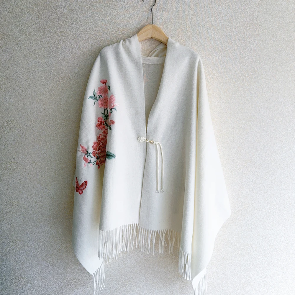 

Белоснежные длинные широкие шарфы, большая шаль с вышивкой из 100% шерсти, женский зимний теплый шарф в китайском стиле толщиной 200 см с кисточками на шею