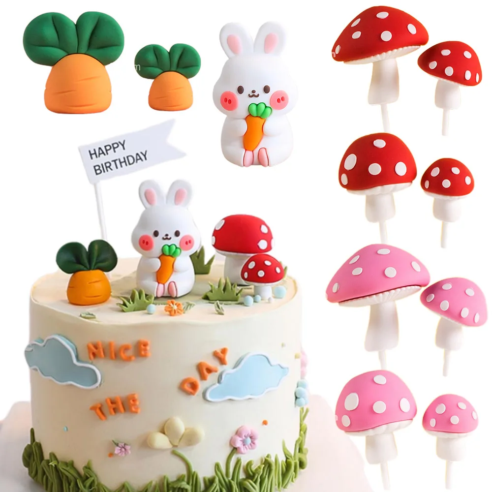 Cartoon Carrot Bunny Cake Birthday Cake Decor Carrots Red and Pink Mushrooms Cake Decoration Cute Animal Birthday Party Supplies