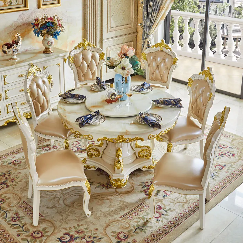 

European marble dining table and chair combination size apartment restaurant with turntable solid wood household round table