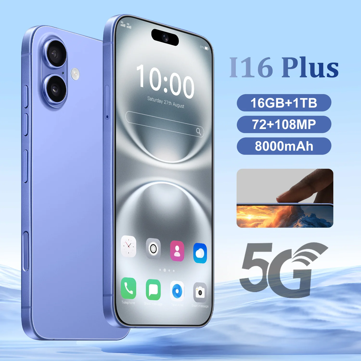 

2025 Original I16 Plus Smartphone 5G 7.3" Full Screen 8000mAh Snapdragon 8 gen3 Camera 108MP Android Phone Unlocked celular