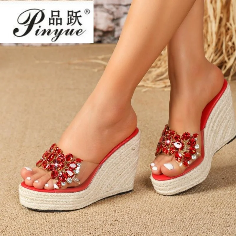 

Женские сандалии на танкетке 10,5 см, удобные туфли на высокой платформе, летние прозрачные туфли со стразами, размеры 35-43