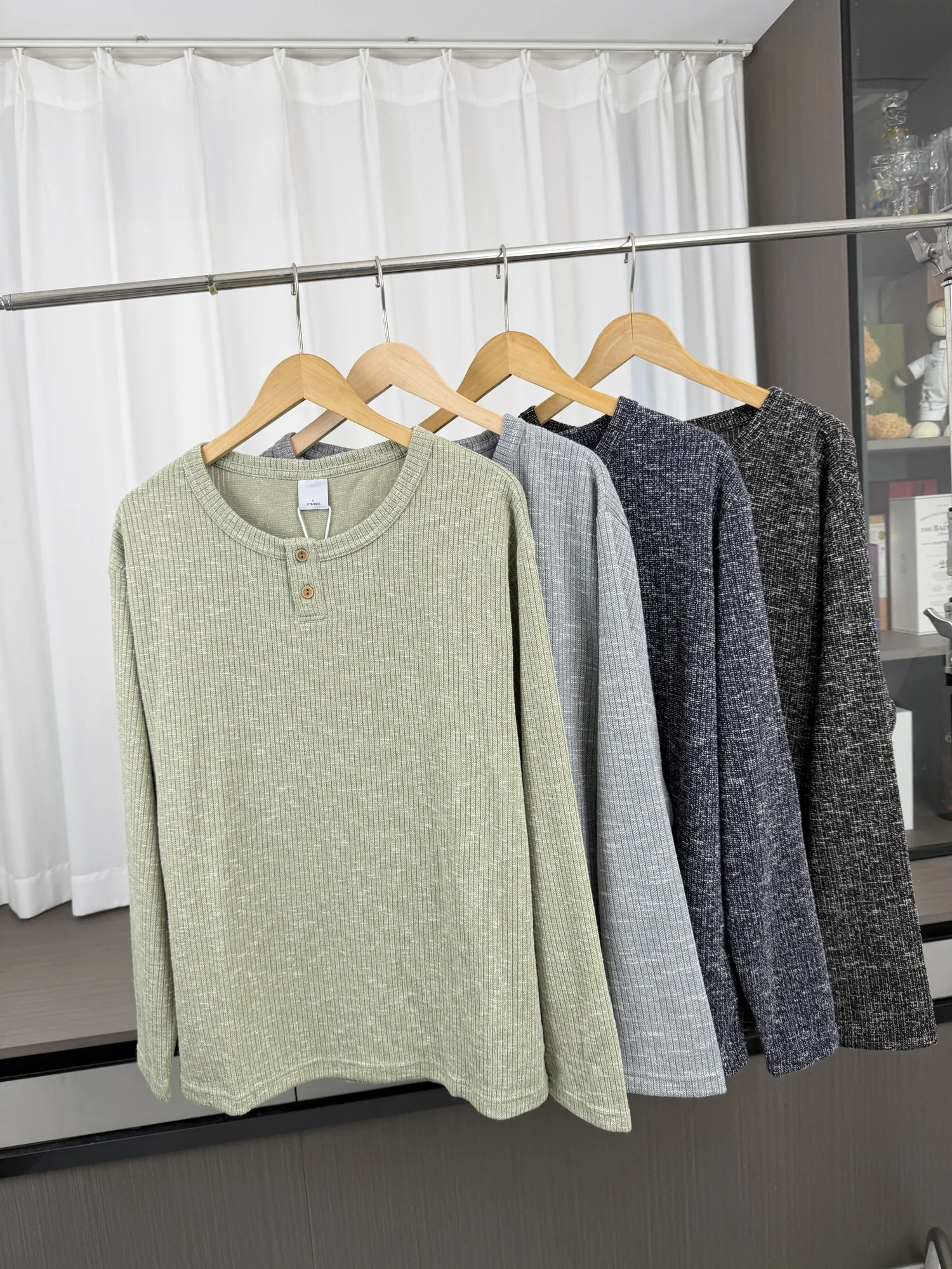 Textured Lazy Style! Vintage Henry Collar! Men's Autumn Winter Knitted Long Sleeve T-Shirt Loose Base Layer Top