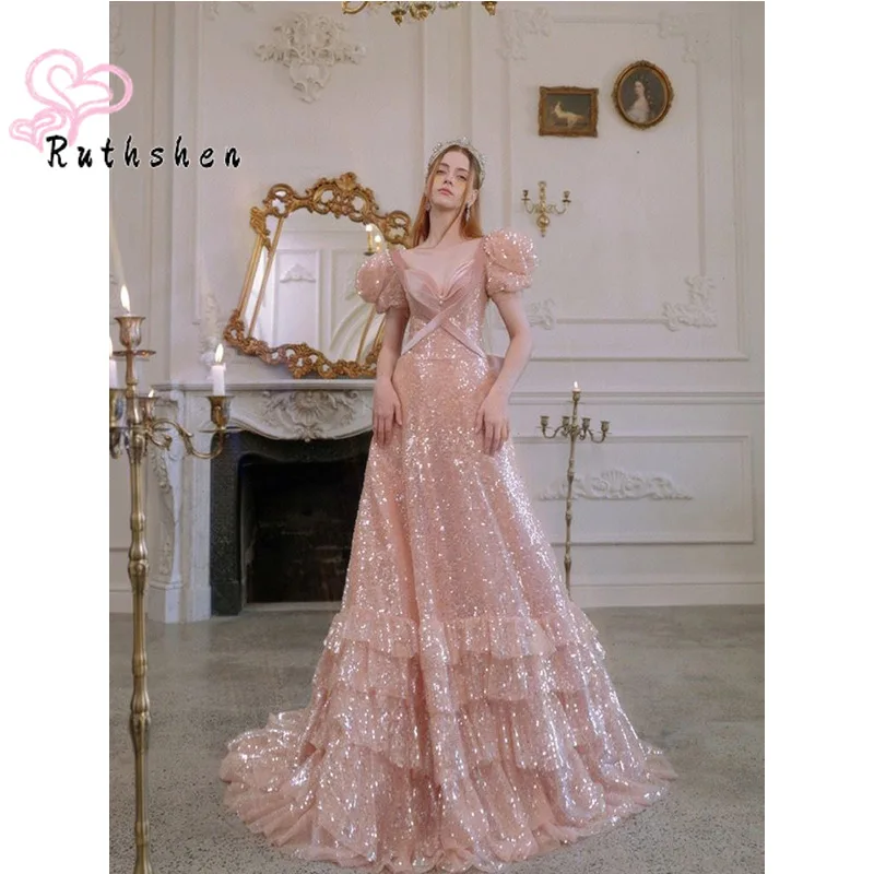 

Elegant Party Dresses for Women 2023 Puff Sleeves Layers Pink Sequin Long Vestido De Noche Formal Evening Prom Gown with Bow