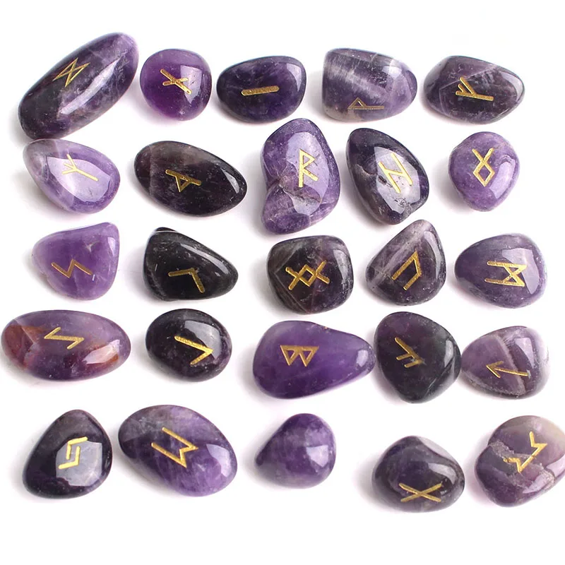 Natural Crystal Rune Stones Set 25pcs Quartz Agate Crystal Stone Witches Reiki Healing Energy Rune Letter Crystal Carving Crafts