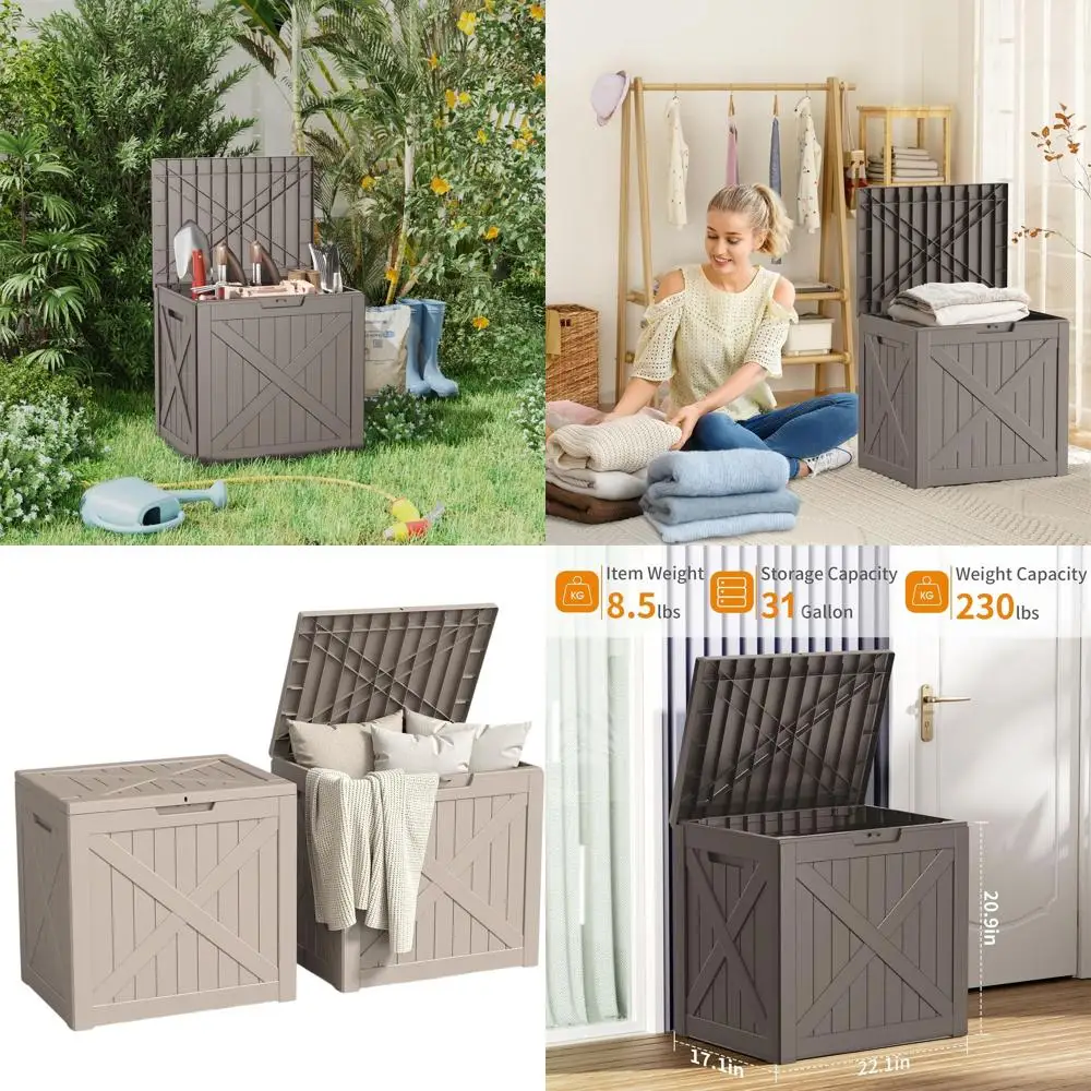 

Gray Waterproof Lockable Outdoor Storage Box, 31 Gallon Deck Patio Bench for Cushions, Tools, and Pool Gear