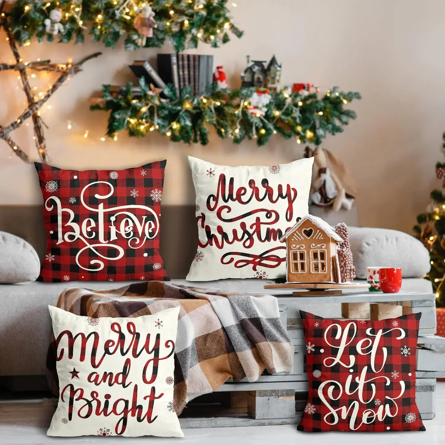 Christmas Decorations Christmas Pillow Covers 18x18 Inch Set of 4 Farmhouse Buffalo Plaid Black and Red Throw Pillow Case Winter