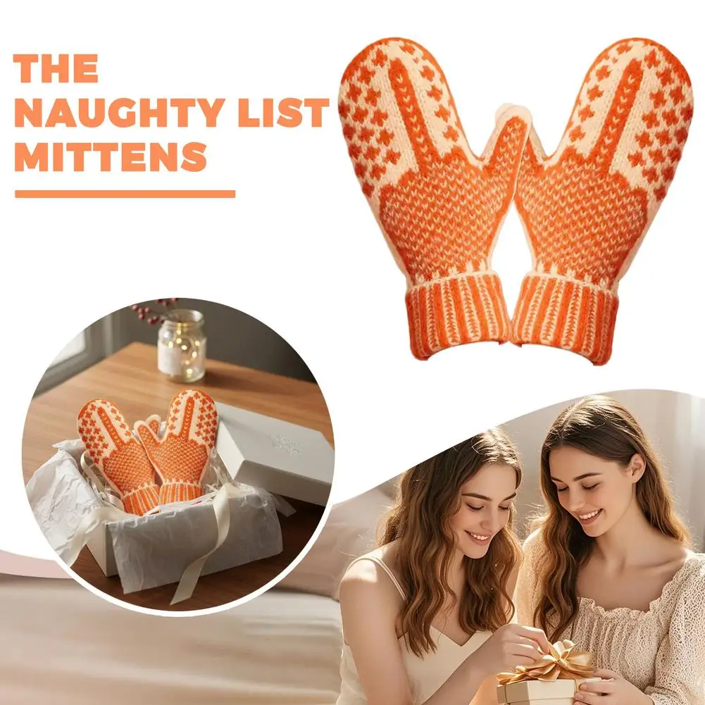 1pcs Winter Knit Mittens Funny Middle Finger Gloves Naughty List Novelty Outdoor Warm Nordic Orange Knitting Pattern Gag Gift