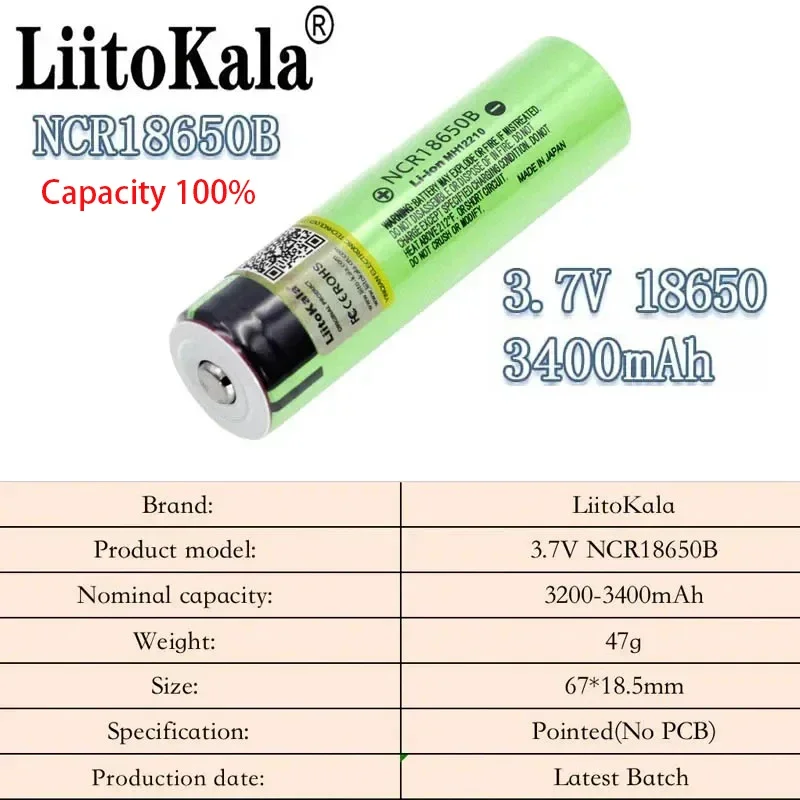 3.7V 3400mAh Liitokala brand original NCR18650B 18650 lithium battery, for Bluetooth speakers, POS machines, flashlights