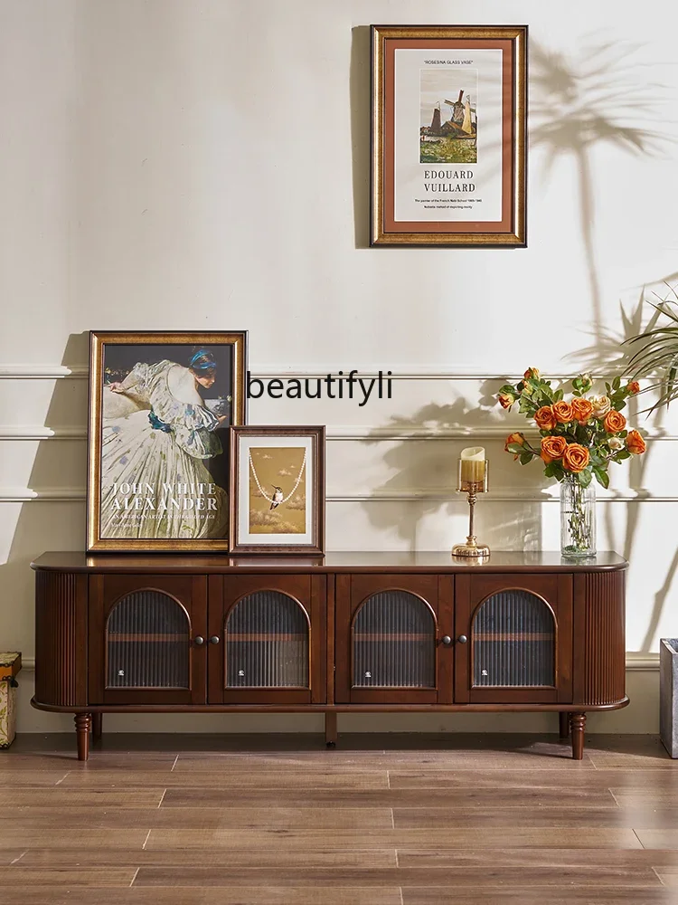 

American Style French Style Retro Solid Wood TV Cabinet Modern Minimalist Cream Style Glass Locker Living Room Floor Cabine