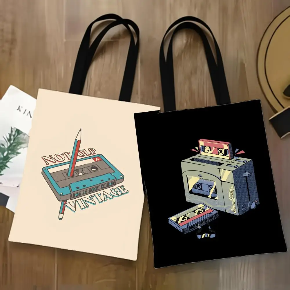 Retro Cassette Tape Storage Bags Lightweight Canvas Tote Bag Large Capacity Shoulder Shopper Fashion Eco Multi-Purpose Handbag