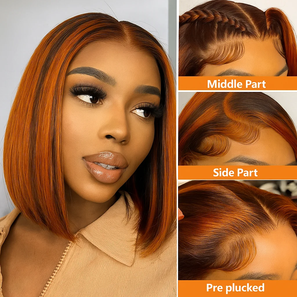 Peruka Bob Krótka z Włosów Naturalnych Ombre Brąz z Pasemkami w Kolorze Imbiru, Krótkie Proste Peruki z Przedziałkiem 13x4 Lace Frontal, Gotowe do Założenia Bez Kleju dla Kobiet