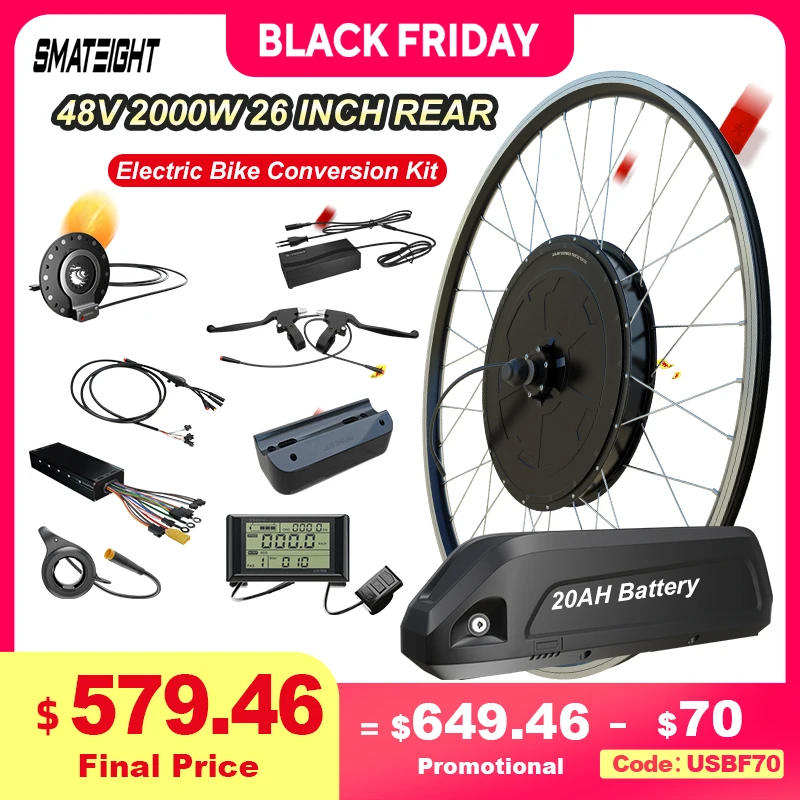 

48V 2000W Ebike Conversion Kit with Battery 48V 20AH Brusheless Hub Motor Rear Wheel for 26inch Electric Bike