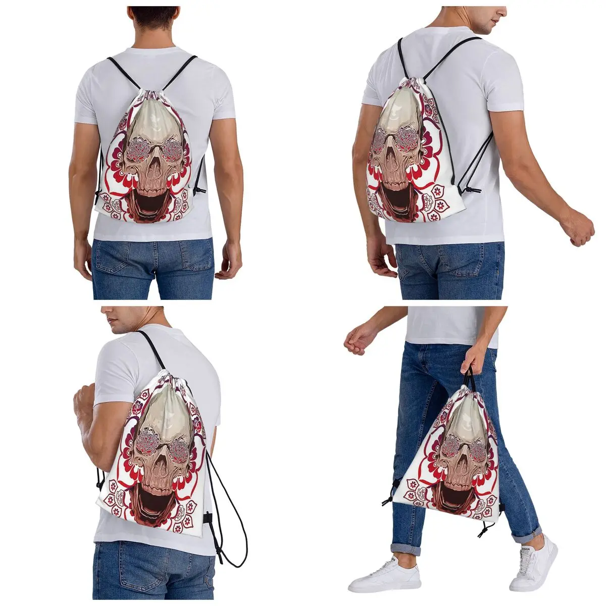 Flowery Skull Backpacks Multi-function Portable Drawstring Bags Shoes Bag Book Bags For Travel Students