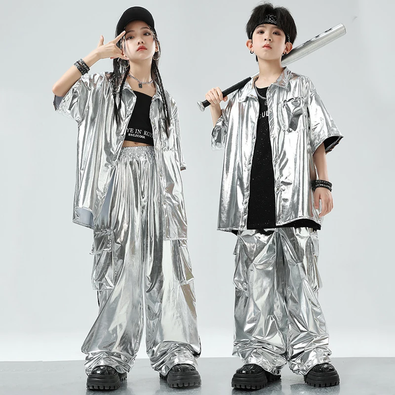 Kids Cool Hip Hop Clothing Silver Shirt Pants For Girls Jazz Dance Costume Boys Street Wear Kpop Outfit Stage Wear SL10709