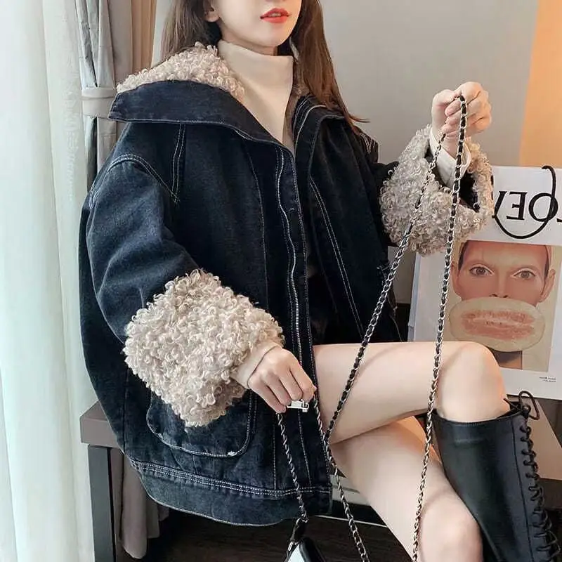 Women Thick Coat Winter Autumn Korean Patchwork Jeans Coat Sweet Single Breasted Full Turn-down Collar Single Breasted Girls Bag