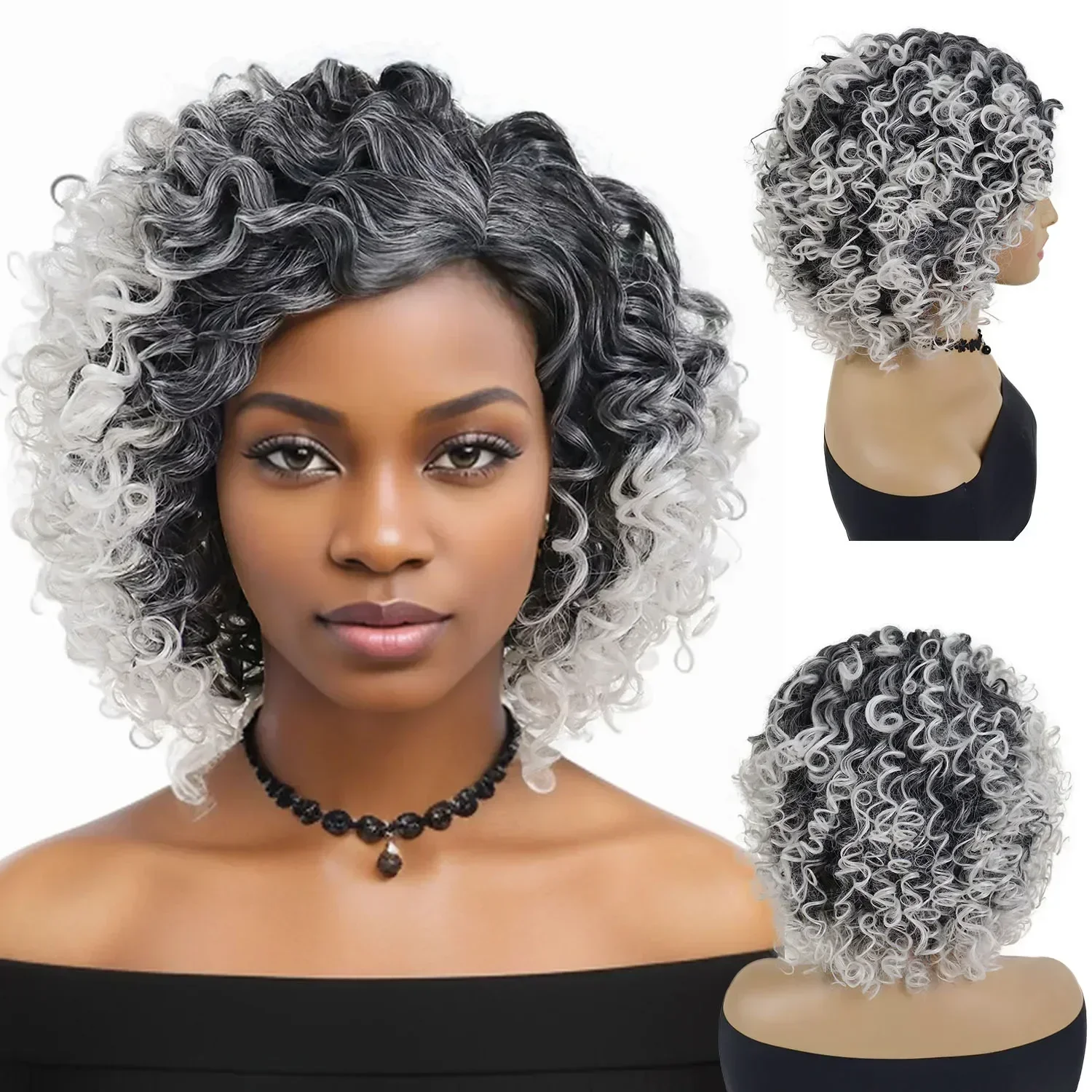 

Серые вьющиеся парики для женщин Синтетическое волокно Афро-парик с боковой челкой Короткие прически Омбре Серый парик Черный женский градиент Colly