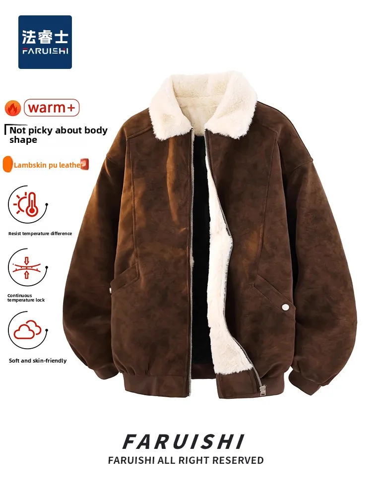 

American Barn Sle Thiened Lamb Velvet Collar PU Leather Cotton Jaet Men's Winter Faionable Outerwear Youth Trend