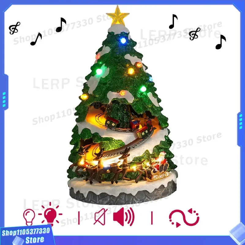 Large Glowing Christmas Tree Ornament Music Box with Rotating Train Holiday Decorations Craft Gift for Home Party Festival