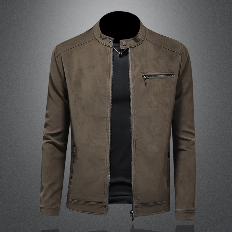 

2025 Autumn and Winter Men's Standing Collar Motorcycle Leather Jacket Zipper Slim Fit Casual Social Suede Jacket Men Clothing