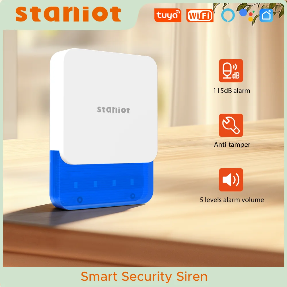 

Беспроводная Wi-Fi сирена Staniot для умной безопасности, охранная сигнализация Tuya, внутренняя сирена для защиты с дистанционным управлением через приложение