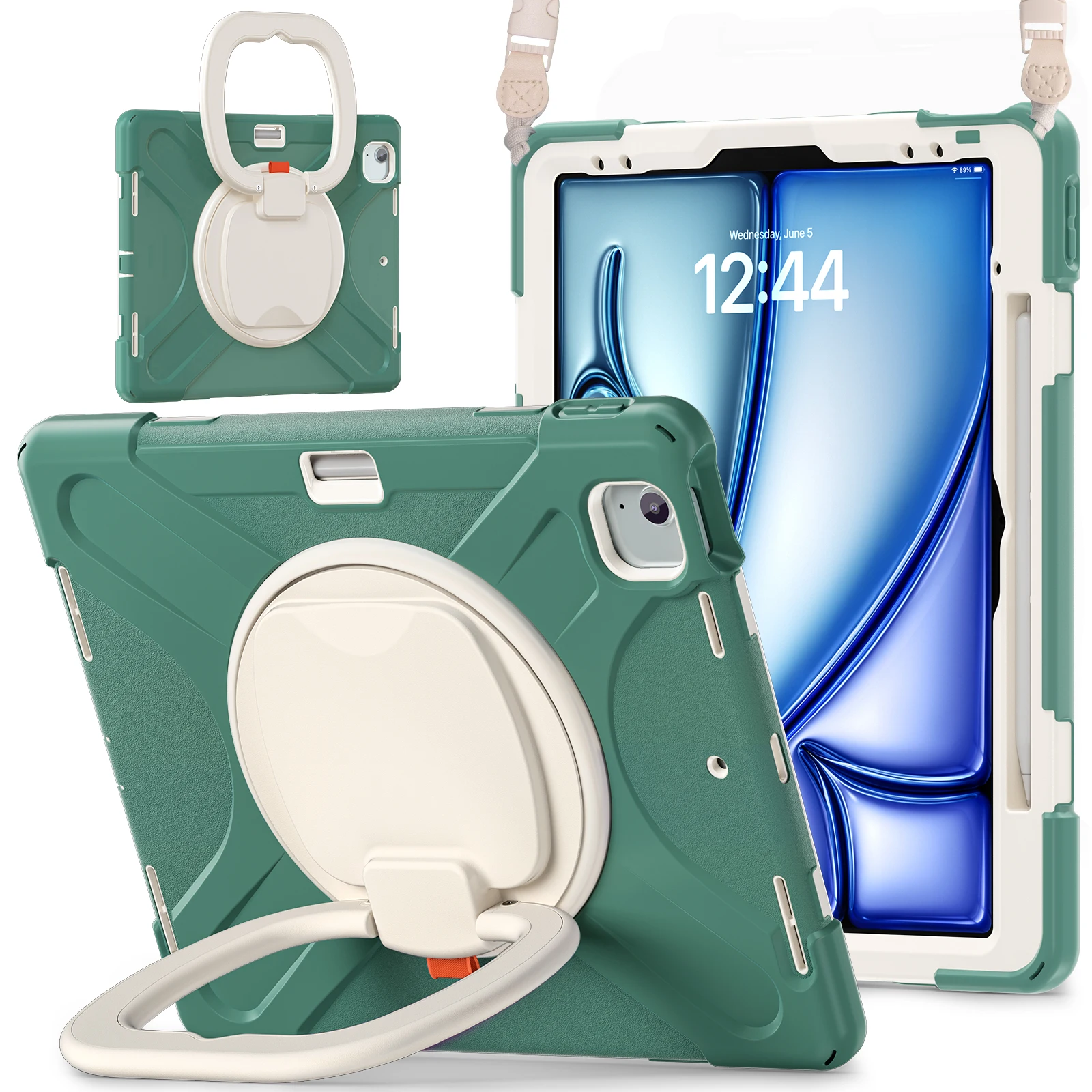 

Heavy Duty Case Universal For iPad Air 13 2025 2024 Pro12.9 2022 2021 2020 2018 Rotatable Stand Hybrid Cover With Shoulder Strap