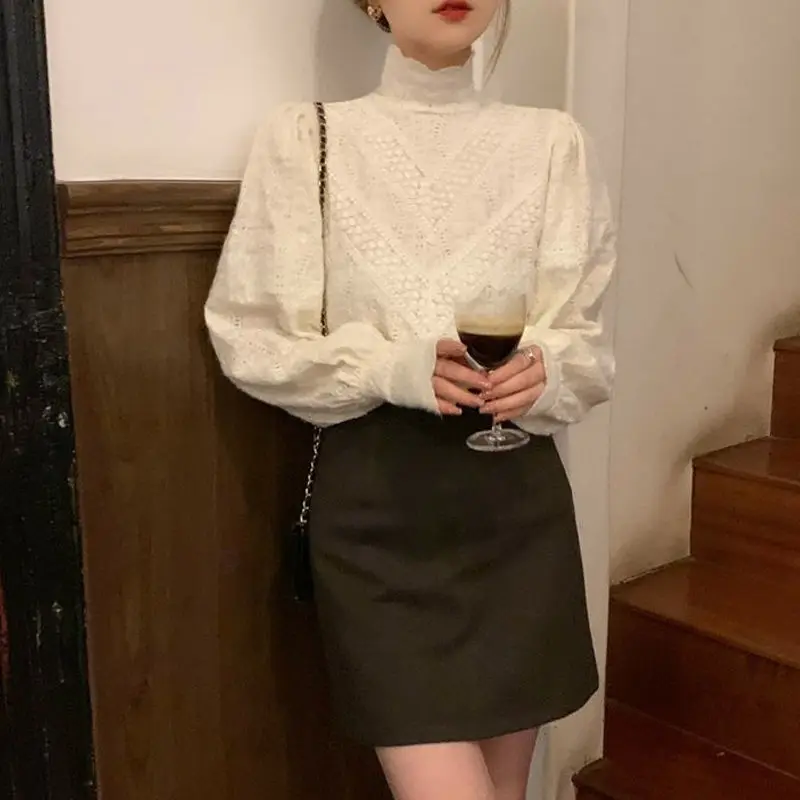 Half-high Collar Blouses Women All-match Chic Gentle Stylish Korean Fashion Popular Spring Sweet Lovely Girls Daily Leisure Ins