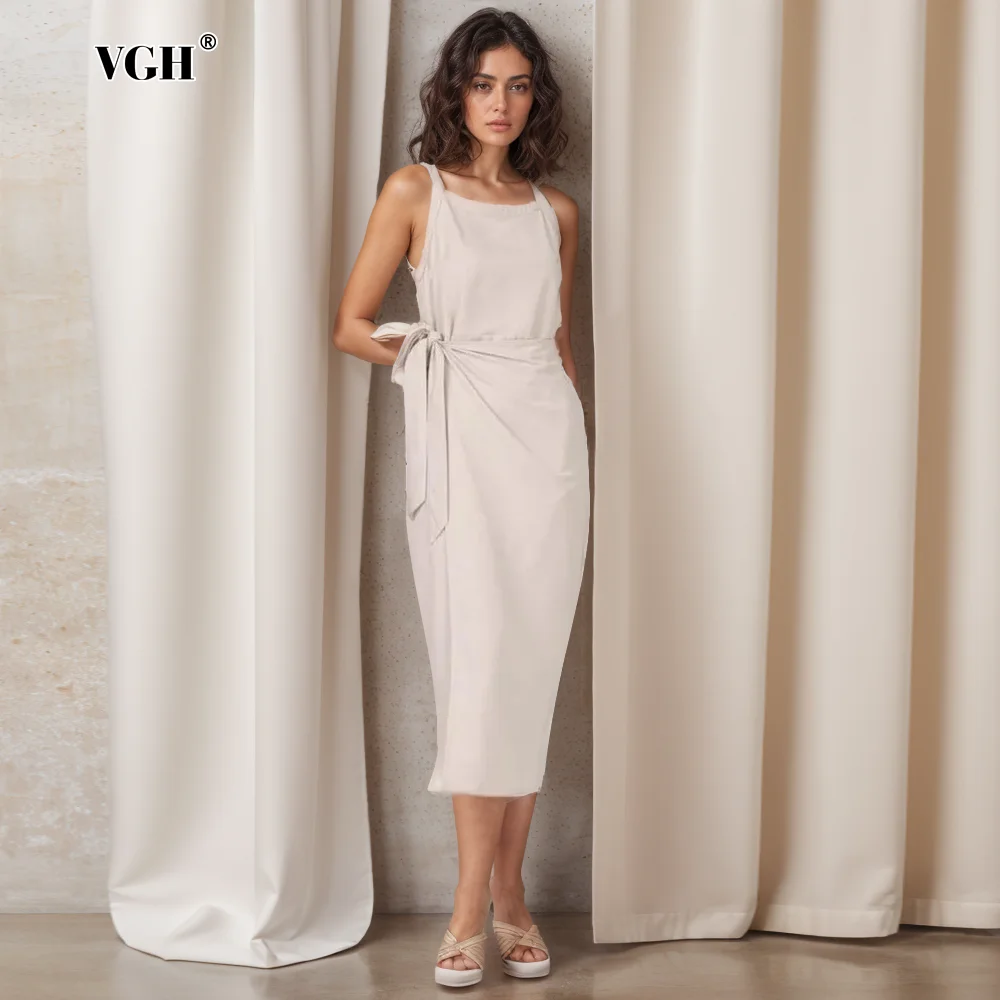

VGH Minimalist Patchwork Lace Up Dresses For Women Round Neck Sleeveless High Waist Soild Slimming Midi Dress Female Fashion New