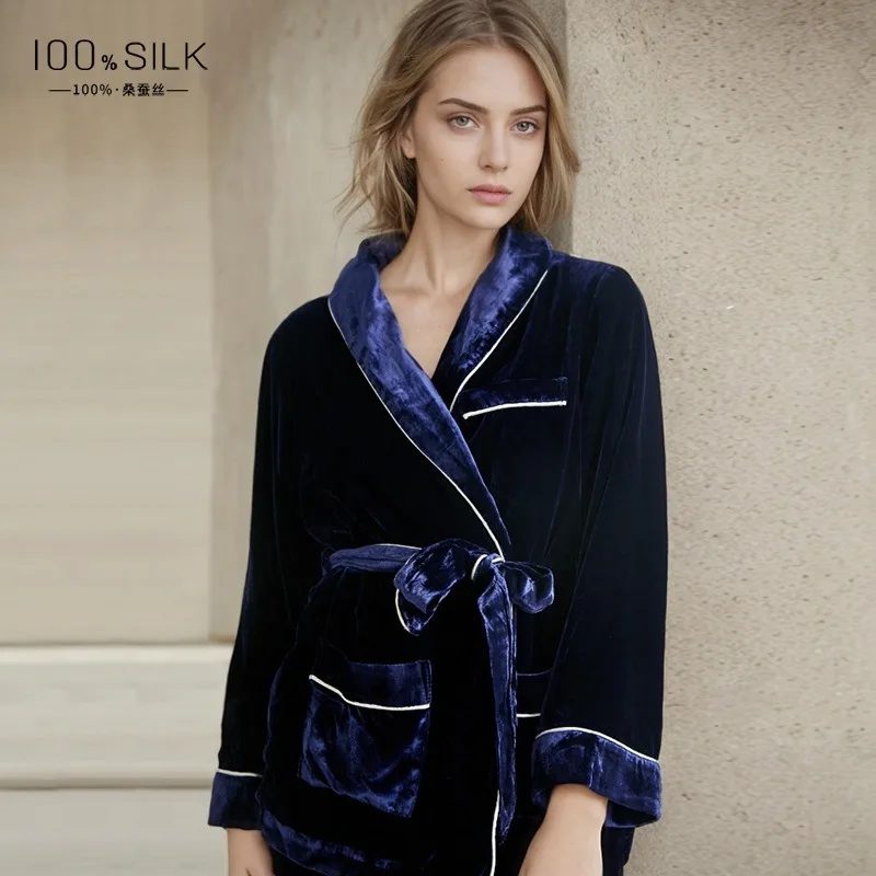 Women's Autumn Winter Silk Velvet Pajamas Set 100% Mulberry Silk Thickened for Warmth Perfect for Indoor and Outdoor Wear