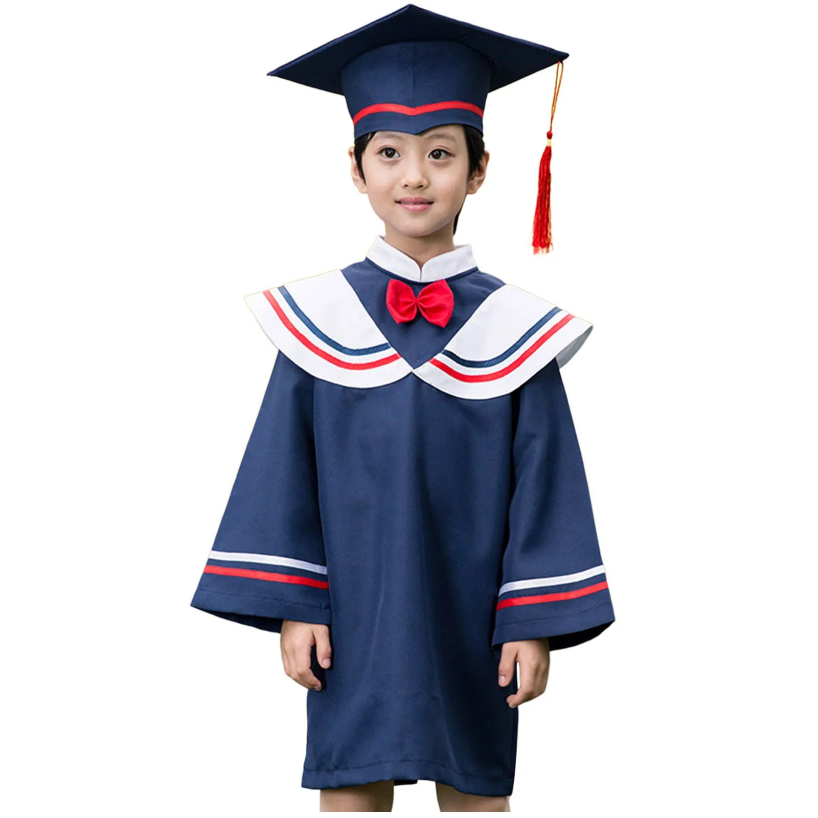 Kinder Afstuderen Kostuum Kleuterschool Bachelor Jurk Academin Uniform Satijn Sjerp Jongen Gilr Fotografie Performance Robe Muts Set