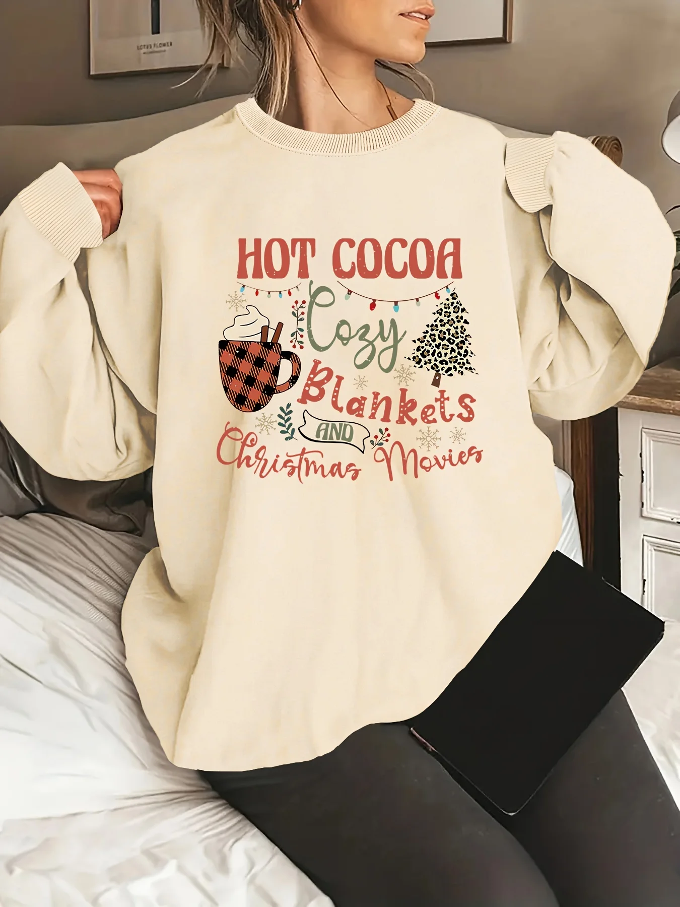 2026 New Christmas Letter Print Fit Sweatshirt Winte Comfortable Christmas Pattern Pullover Warm Sweatshirt Crew Neck Casual Top