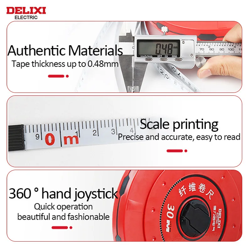 DELIXI ELECTRIC Tape Measure， 30M High Quality Fiberglass Double Sided Printing Measuring Tool,for Engineering Land Surveying