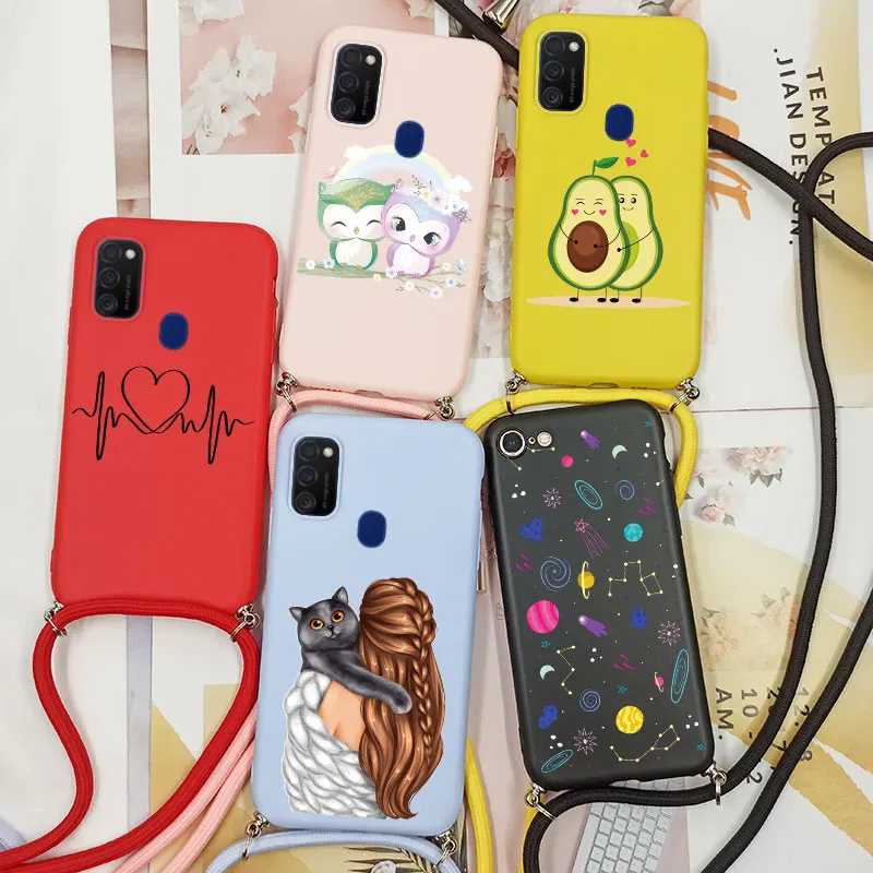 Cartoon Crossbody Rope Strap Cover For Samsung Galaxy M21 M31 M30S M31S Case Silicone Necklace Lanyard M 31 S Back Cover