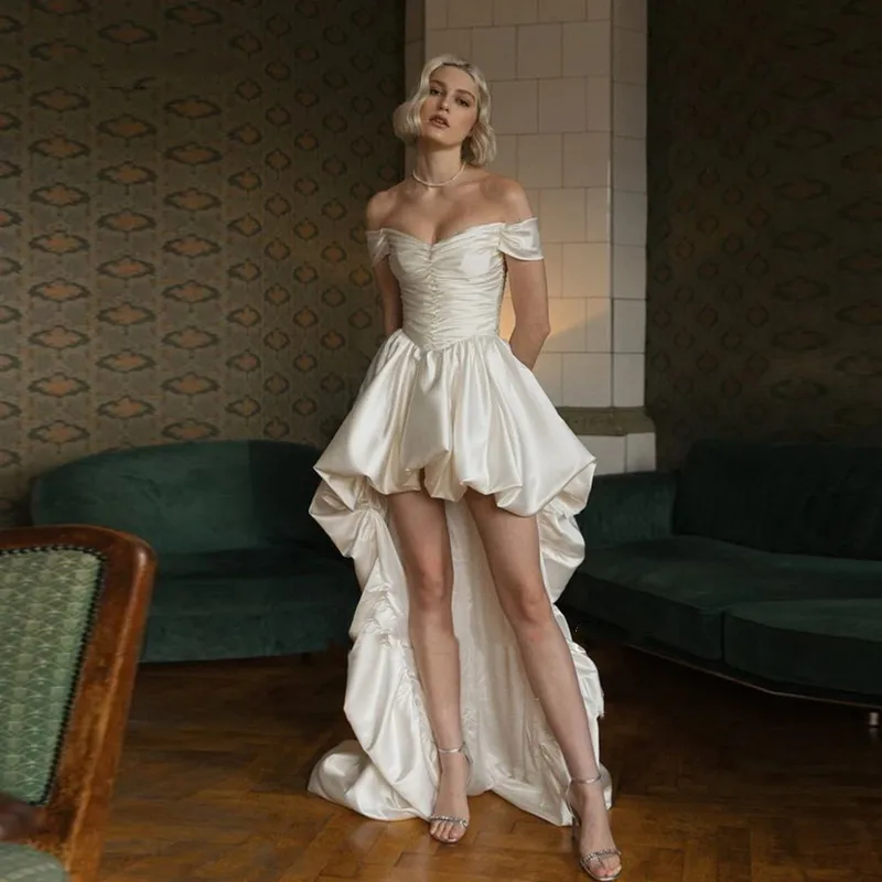 Vintage High-Low-Satin-Brautkleider, schlicht, schulterfrei, ärmellos, Strand-Brautkleid, trägerlos, sexy, rückenfrei, individuell gestaltet