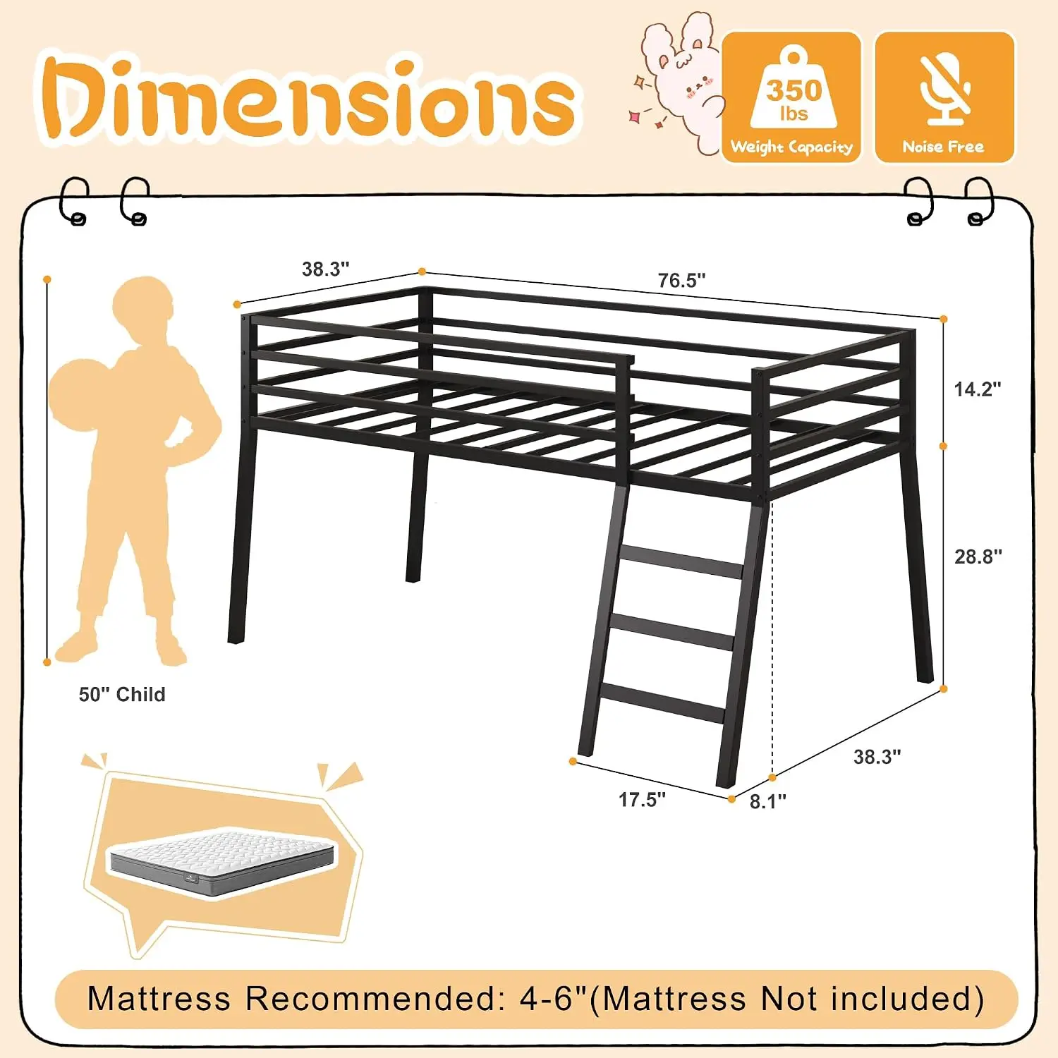 Twin Size Metal Low Loft Bed Stairs Guard Black Small Bedroom Kids Room 288 Inch Under Bed Space Study Play Area Safety Guardrai