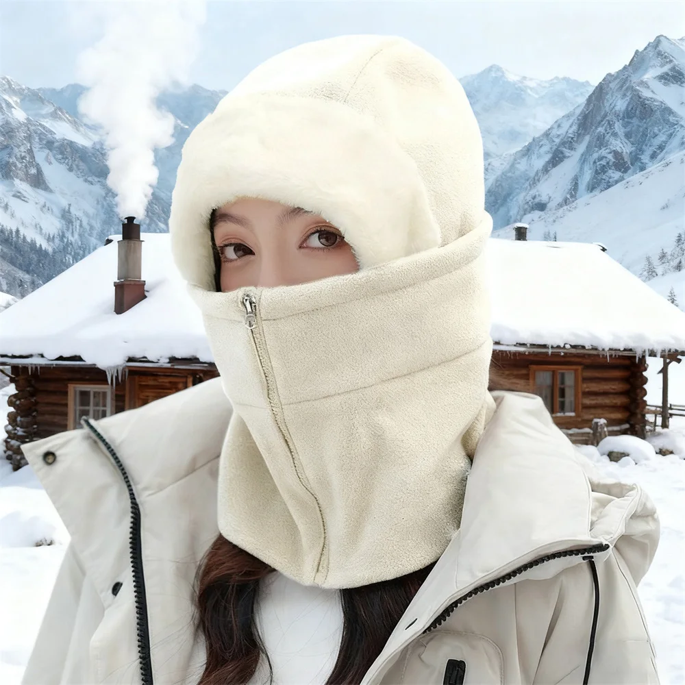 

Winter Zipper Riding Thicken Mask Hooded Cap Windproof Ski Visor Breathable Thermal Face Mask Neck Warmer Scarf Helmet Hood