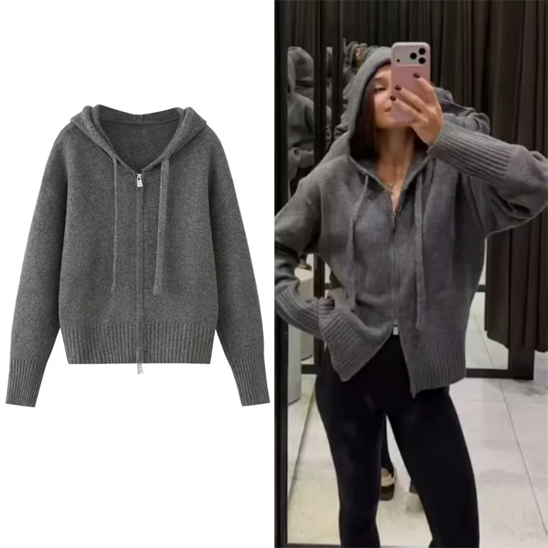 Guobioziy 2026 Women's Jacket Fall/Winter New Gray Long-Sleeve Hooded Simple Knit Cardigan Parka Casual Fashion