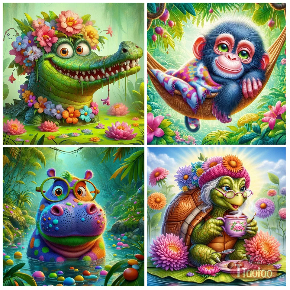 DIY 5D Full Square Round Mosaic Diamond Painting Cartoon Animal Flowers Rhinestone Embroidery Crocodile Hippo Monkey Decor Poste